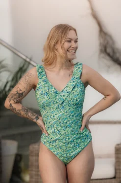 Milano Badedrakt - Pastellgrønn - Flower Paint*Careless Discount